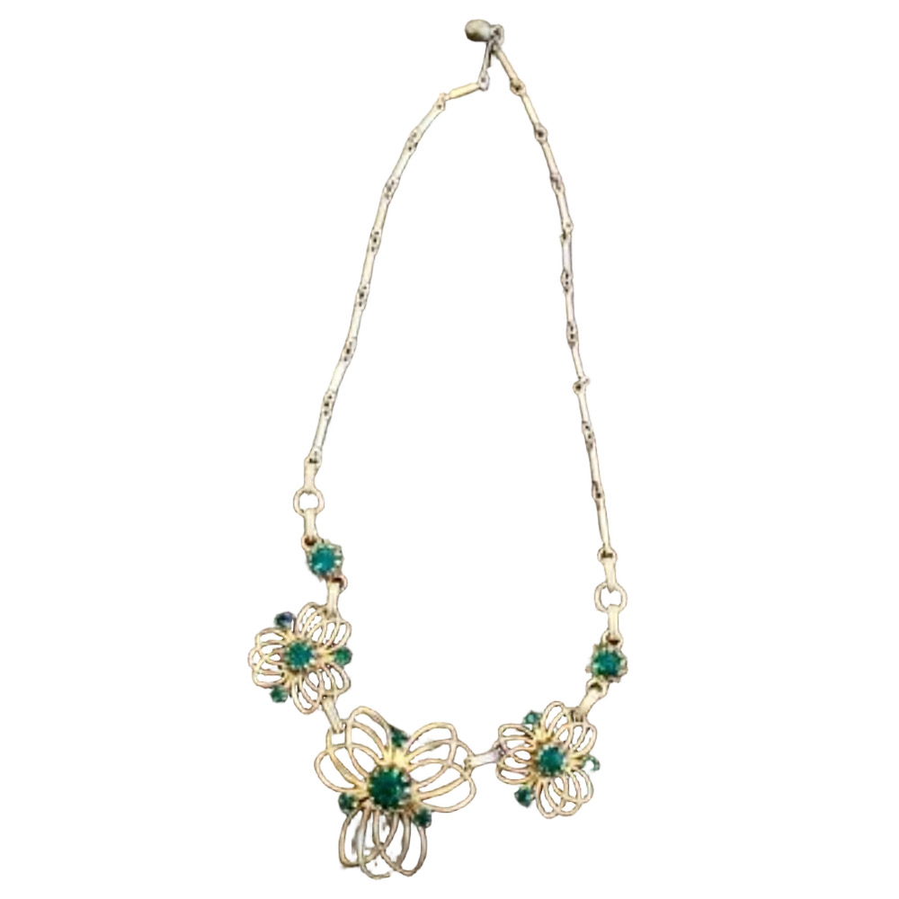 Vintage green stone with gold necklace slide clasp nice floral designed piece